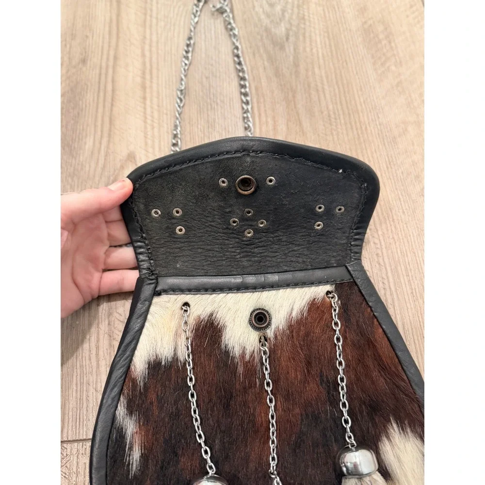 Scottish Kilt Sporran Cowhide Leather Celtic Knot Studded Tassel Chain Bag Black